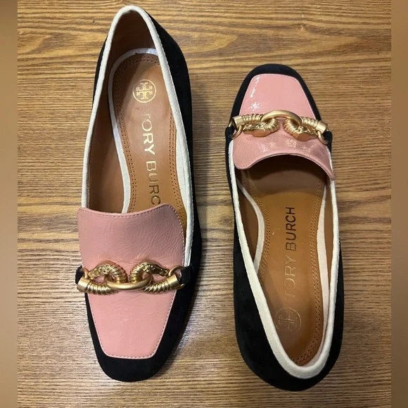 Tory Burch Pink and Black Loafers with Gold adornment - Picture 2 of 4